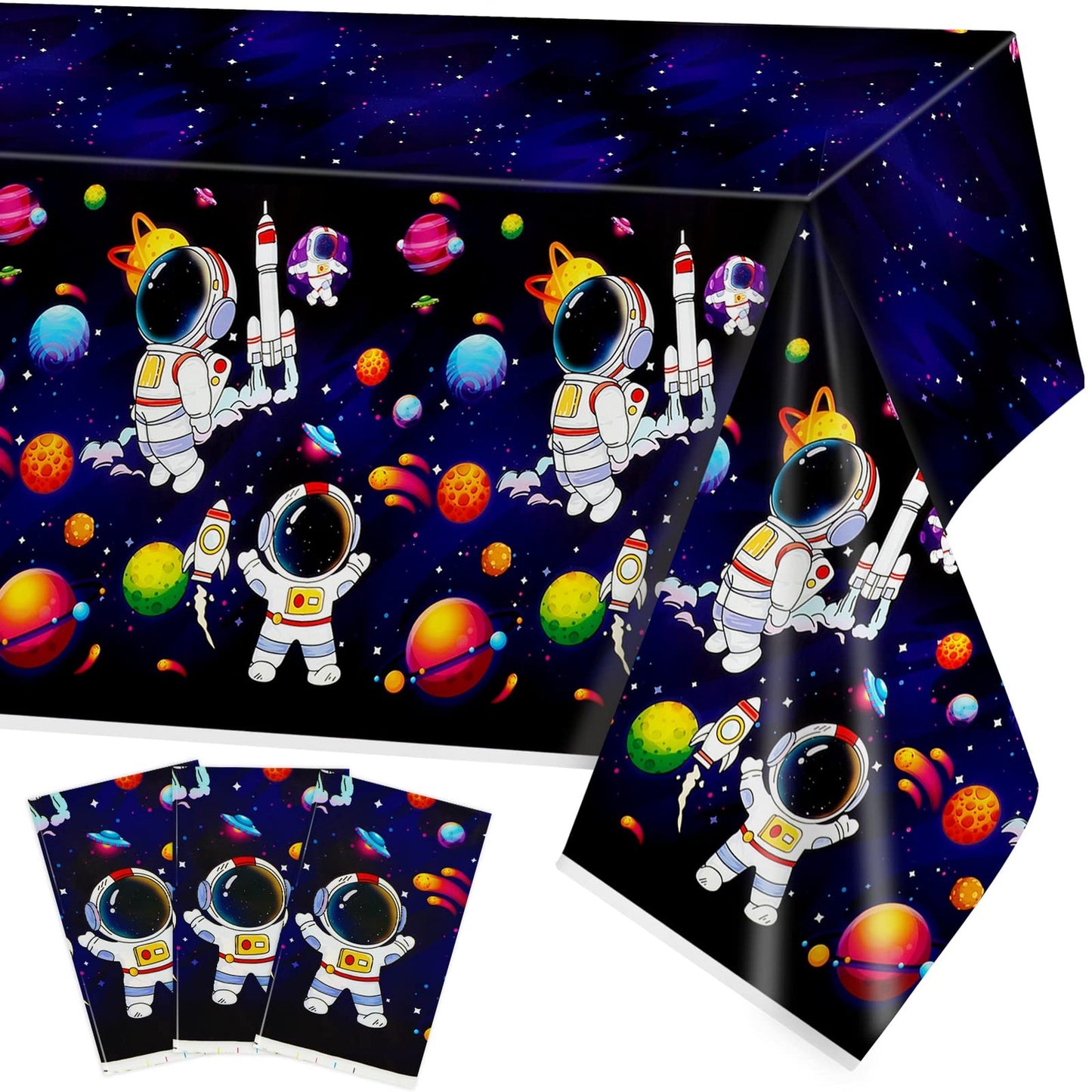 Galactic Party Table Cover Set - 3 Pack Space Tablecloth for Astronaut Party Decorations. Disposable Plastic Rectangle Tablecloths for Kids Birthday and Baby Shower. 51" X 87" Dimensions.