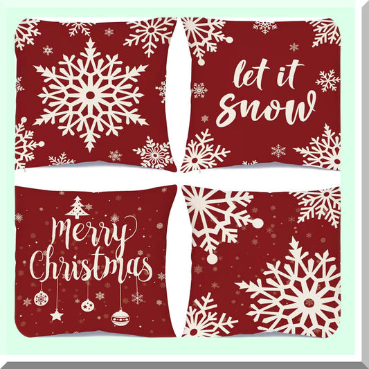 Rustic Farmhouse Holiday Pillow Covers - Set of 4 Linen Sofa Decorations - 18x18 Inch Couch Throw Pillow Case