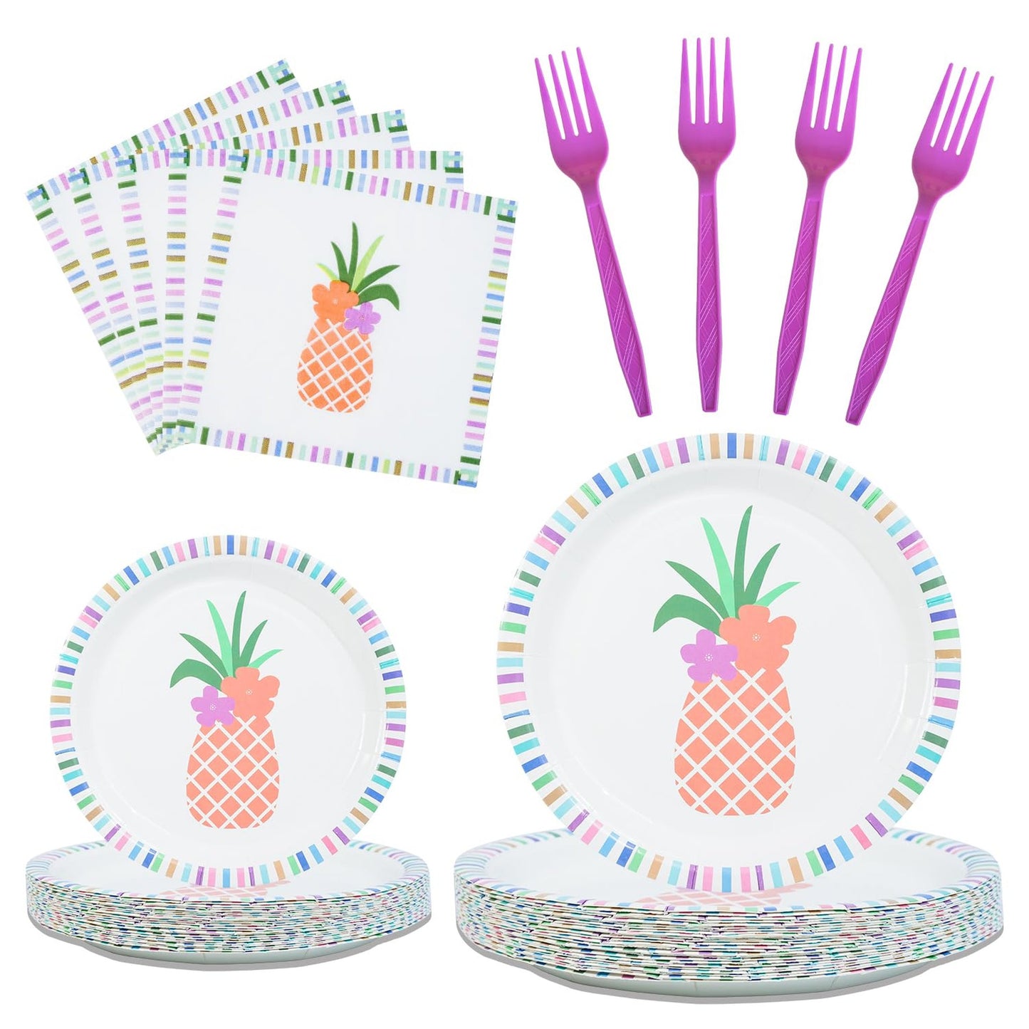 Pineapple Fiesta Pack - 100 Piece Pineapple Party Tableware Set with Plates, Napkins, and Decorations for Birthday Celebrations and Events