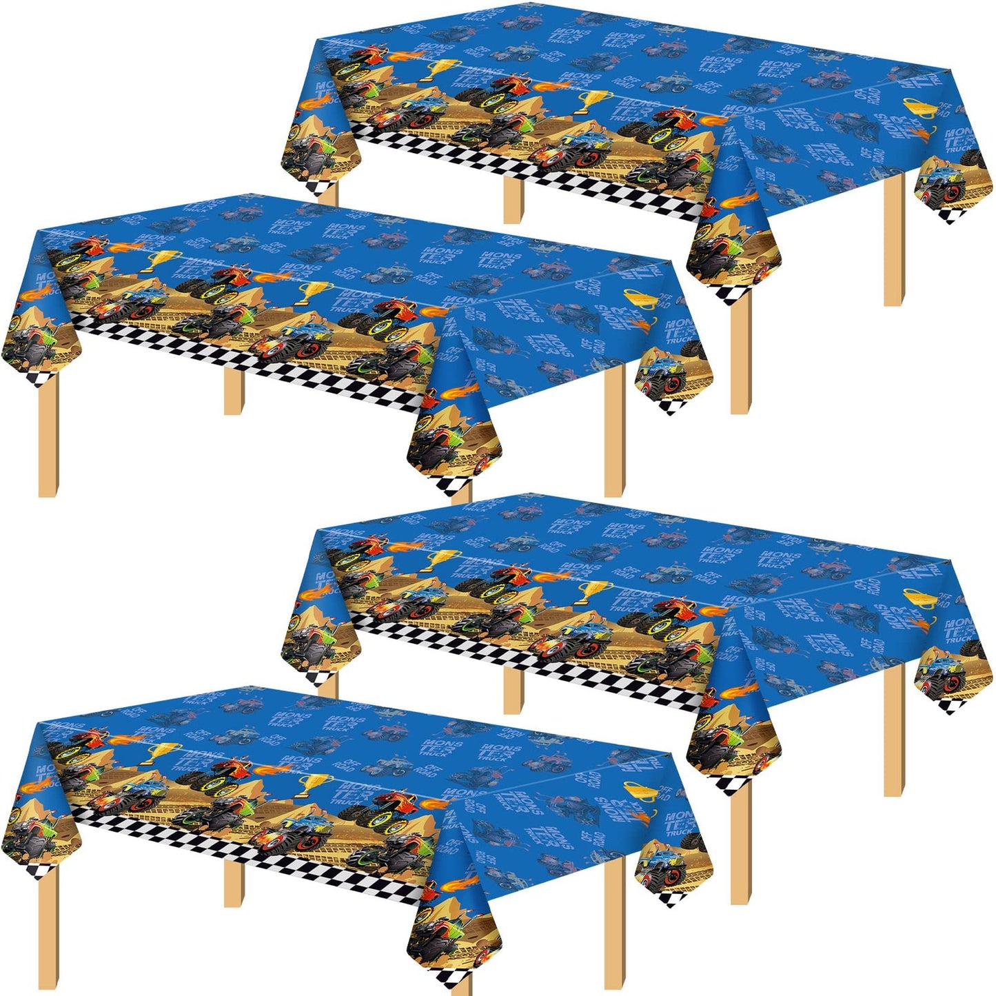 Monster Machine Truck Tablecloth Set - 4 Pcs Disposable Plastic Covers for Grave Digger Theme Birthday Party Supplies. Checkered Flag Design for Decor.