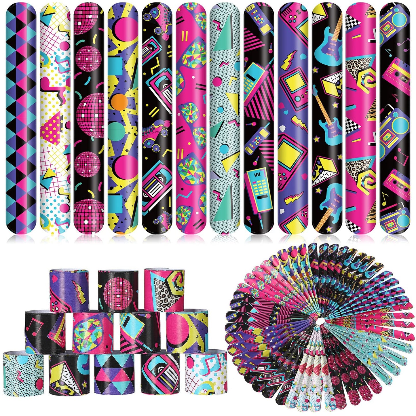 Retro Snap Bands Party Pack - 60 Pcs 80s 90s Slap Bracelets for Adults. Throwback Decorations & Favors for a Fun Retro Theme Party!