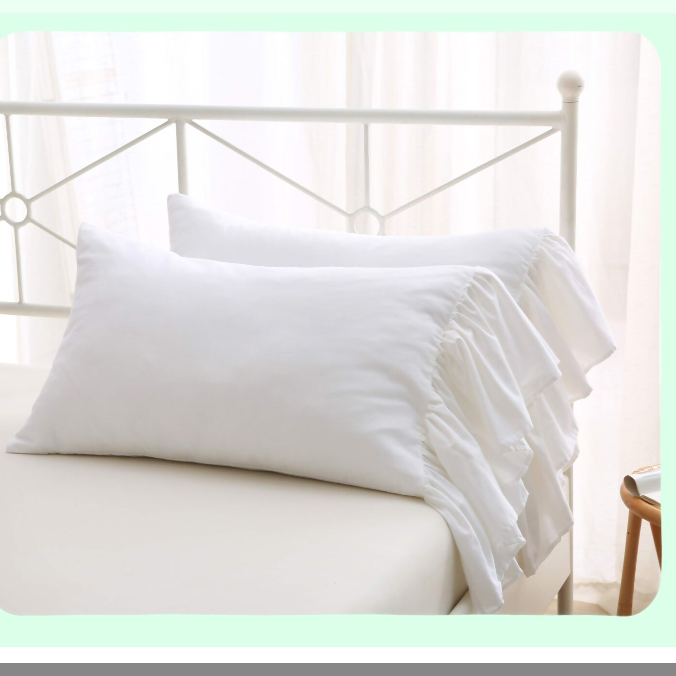 Ruffle Chic Cotton Pillowcase Set - White Standard Size Bed Pillow Covers with Long Ruffles, Soft Shams Cases, 20"X26", 2pcs