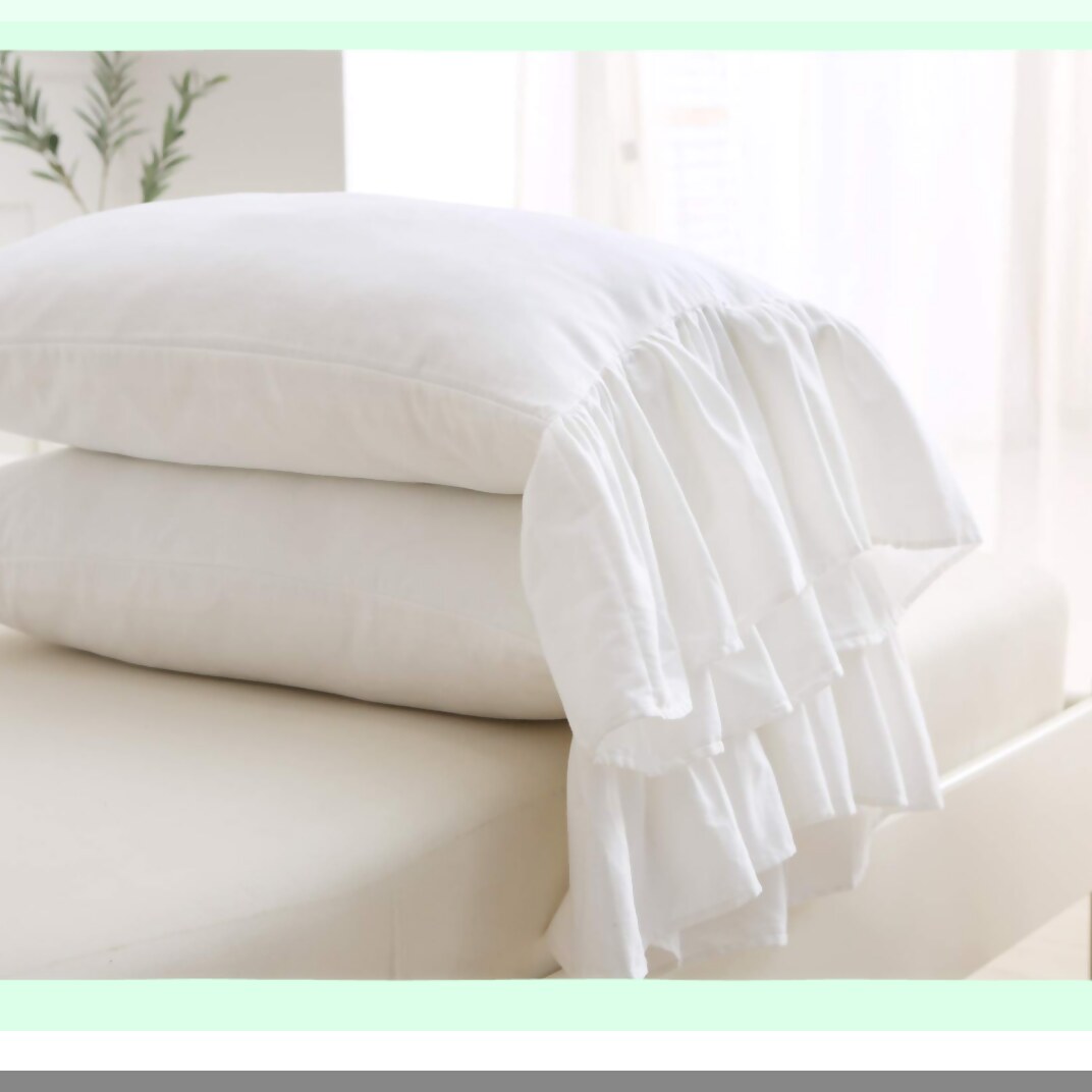 Ruffle Chic Cotton Pillowcase Set - White Standard Size Bed Pillow Covers with Long Ruffles, Soft Shams Cases, 20"X26", 2pcs