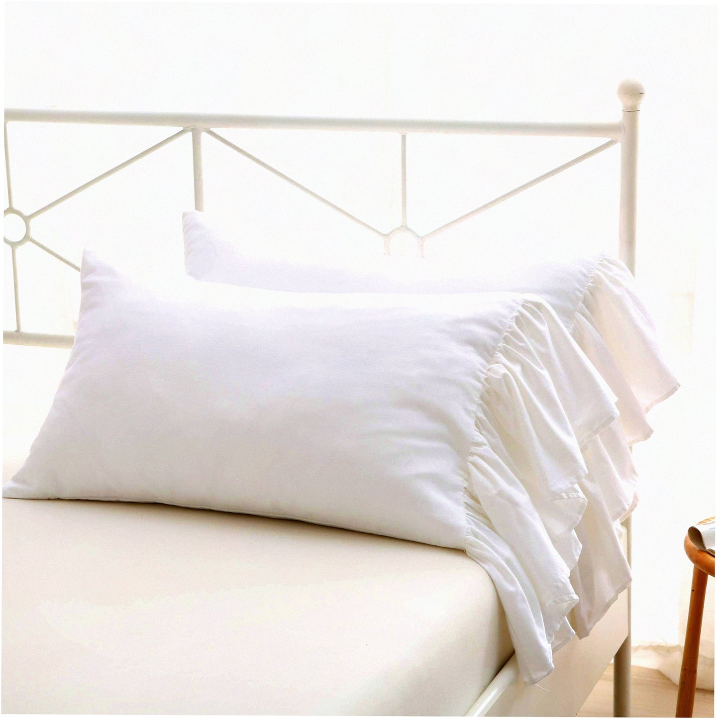 Ruffle Chic Cotton Pillowcase Set - White Standard Size Bed Pillow Covers with Long Ruffles, Soft Shams Cases, 20"X26", 2pcs