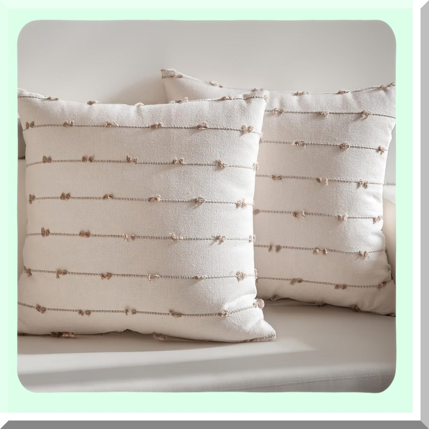 Farmhouse Linen Boho Cushion Covers - Set of 2 Decorative Square Pillow Cases for Sofa, Couch, Bed - Modern 18x18 Khaki Throw Pillows