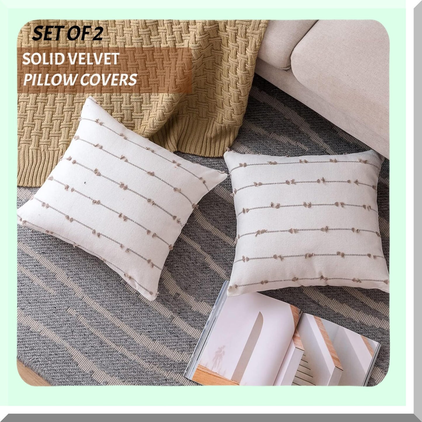 Farmhouse Linen Boho Cushion Covers - Set of 2 Decorative Square Pillow Cases for Sofa, Couch, Bed - Modern 18x18 Khaki Throw Pillows