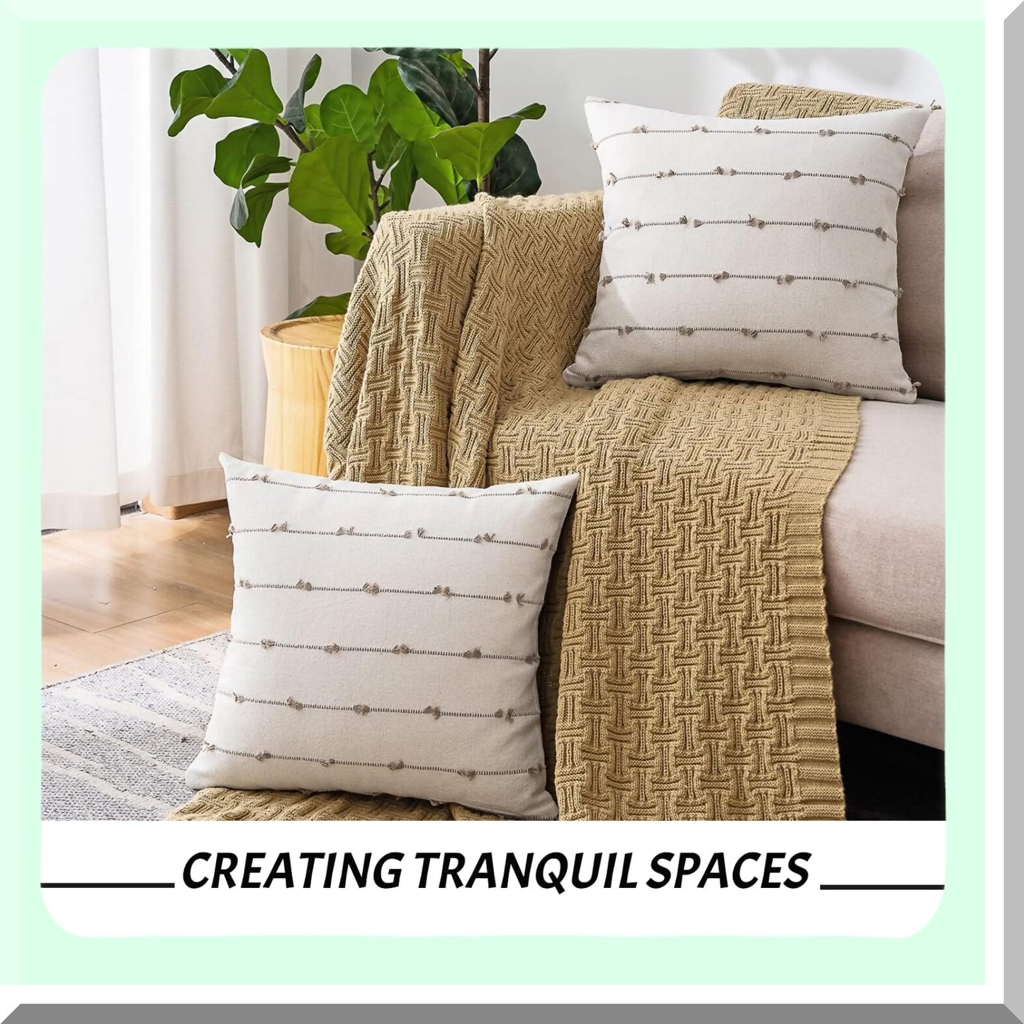 Farmhouse Linen Boho Cushion Covers - Set of 2 Decorative Square Pillow Cases for Sofa, Couch, Bed - Modern 18x18 Khaki Throw Pillows