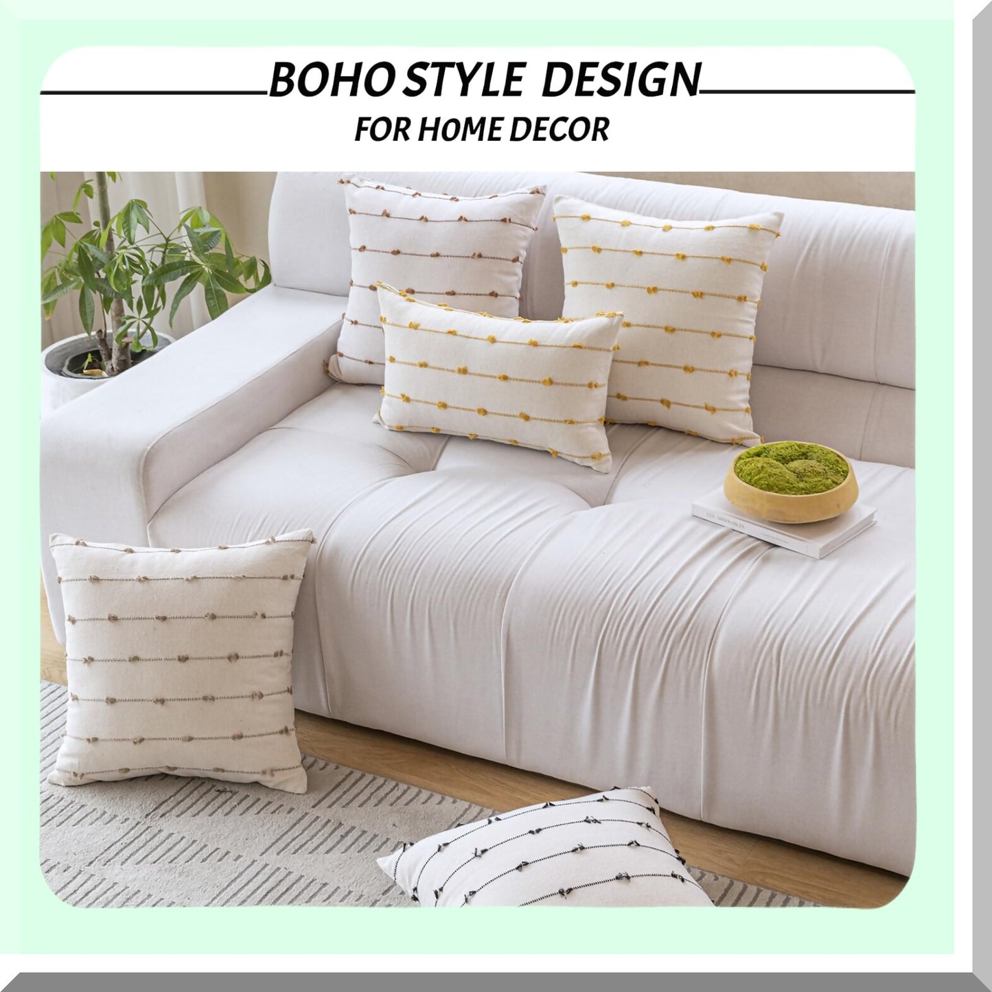 Farmhouse Linen Boho Cushion Covers - Set of 2 Decorative Square Pillow Cases for Sofa, Couch, Bed - Modern 18x18 Khaki Throw Pillows