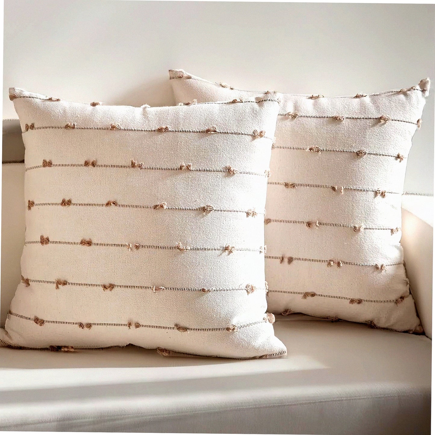 Farmhouse Linen Boho Cushion Covers - Set of 2 Decorative Square Pillow Cases for Sofa, Couch, Bed - Modern 18x18 Khaki Throw Pillows