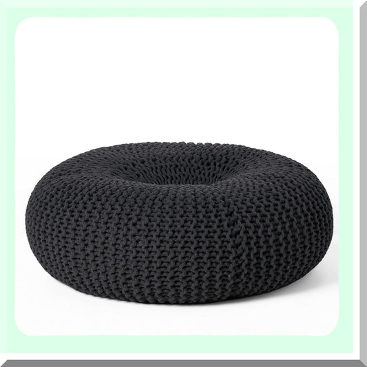 CozyKnit Cotton Donut Pouf - Dark Grey | Comfy Knitted Ottoman for Living Room, Bedroom, or Nursery | Soft Round Footrest for Home Decor