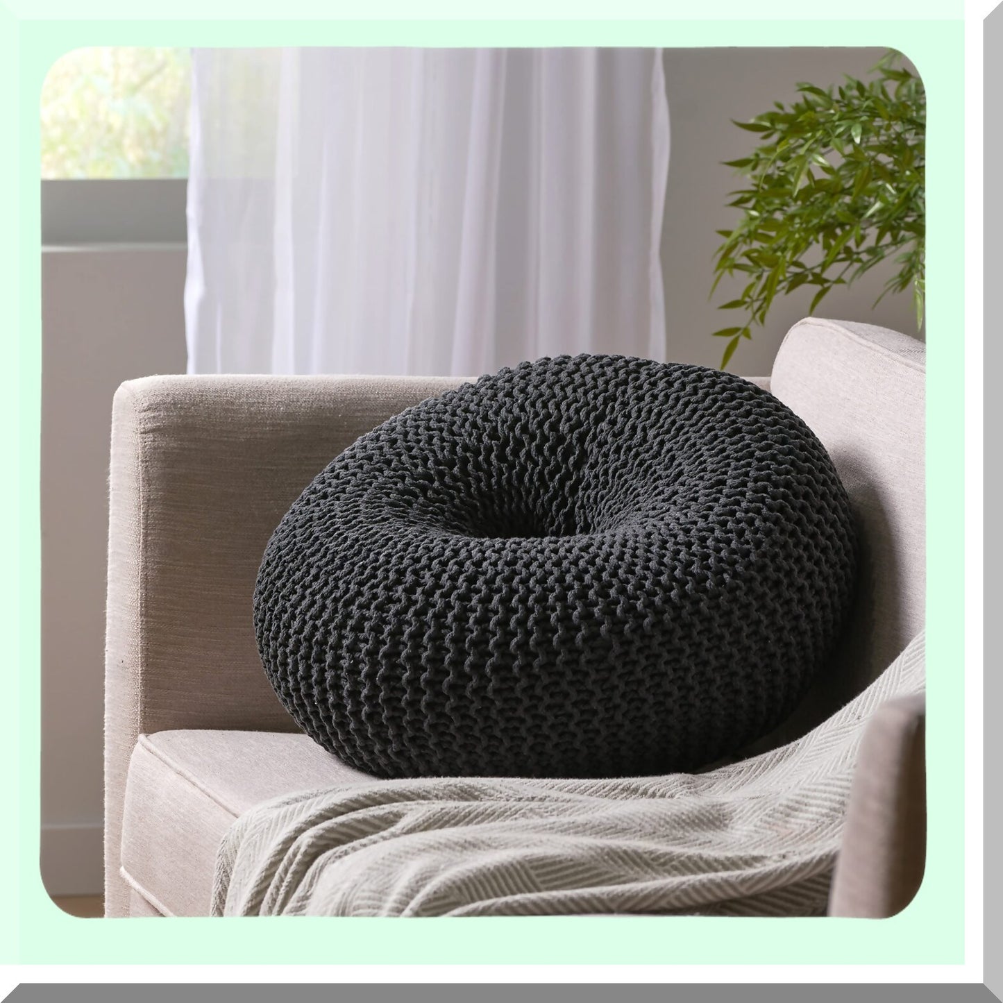 CozyKnit Cotton Donut Pouf - Dark Grey | Comfy Knitted Ottoman for Living Room, Bedroom, or Nursery | Soft Round Footrest for Home Decor
