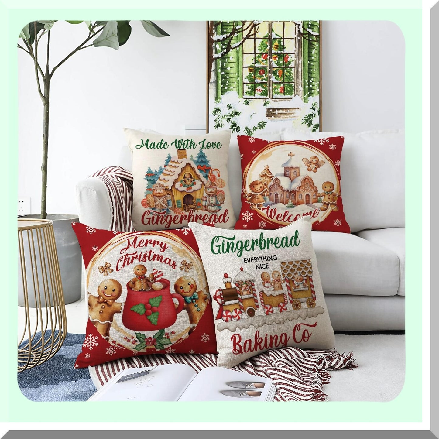 Vintage Gingerbread Red Winter Pillowcase - 18x18 Inch Xmas Throw Pillow Cover for Home Decor - Living Room Sofa Couch Cushion Case