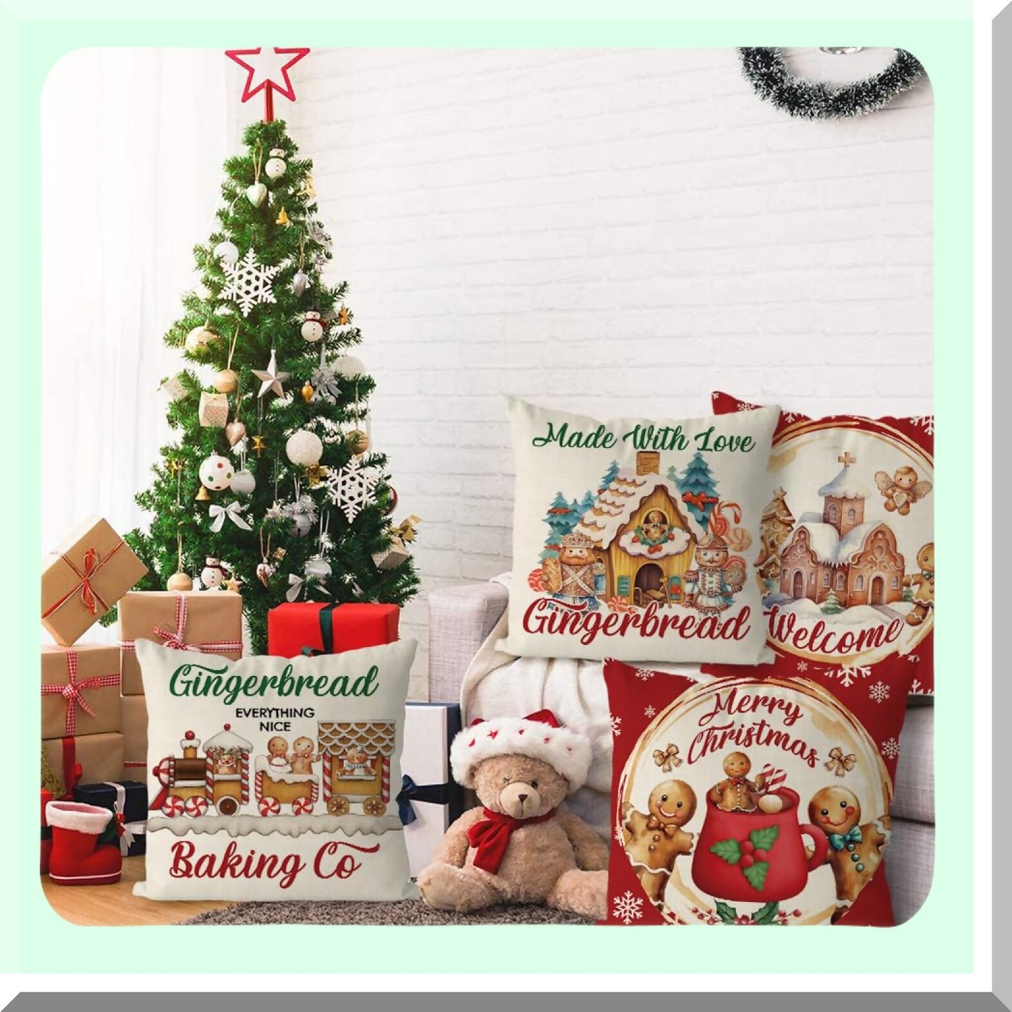 Vintage Gingerbread Red Winter Pillowcase - 18x18 Inch Xmas Throw Pillow Cover for Home Decor - Living Room Sofa Couch Cushion Case