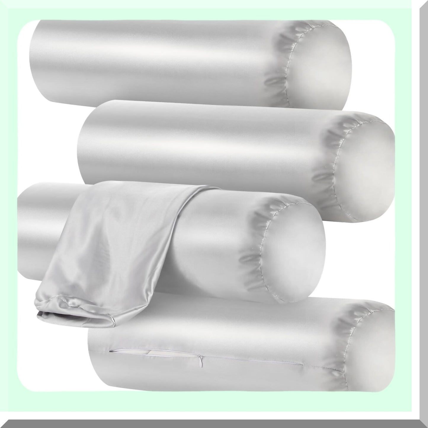 Zippered Neck Pillow Cover Set - Gray Cylinder Pillowcase Bundle (Pack of 4) - Cervical Neck Roll Bolster Case Covers - 18 x 6 Inches - Round Shape