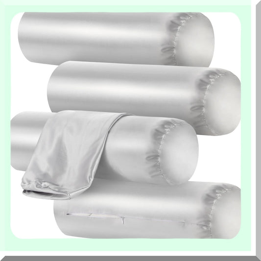 Zippered Neck Pillow Cover Set - Gray Cylinder Pillowcase Bundle (Pack of 4) - Cervical Neck Roll Bolster Case Covers - 18 x 6 Inches - Round Shape