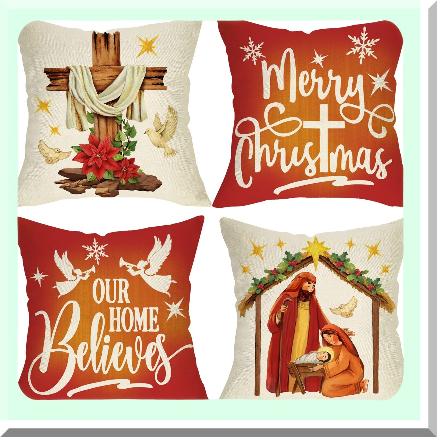 Christian Joy Christmas Pillow Cover Set - Cross Angel Dove Snowflake Decorative Cushion Case for Sofa Couch 18x18 - Nativity Poinsettia Xmas Theme