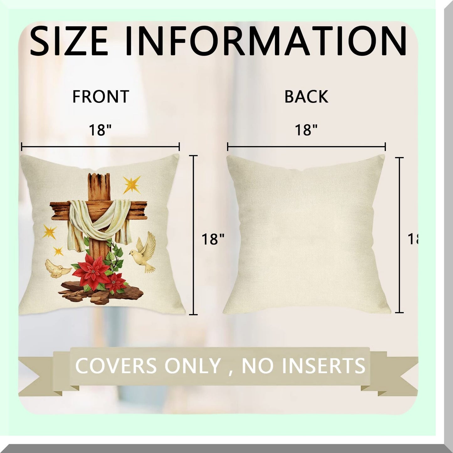 Christian Joy Christmas Pillow Cover Set - Cross Angel Dove Snowflake Decorative Cushion Case for Sofa Couch 18x18 - Nativity Poinsettia Xmas Theme