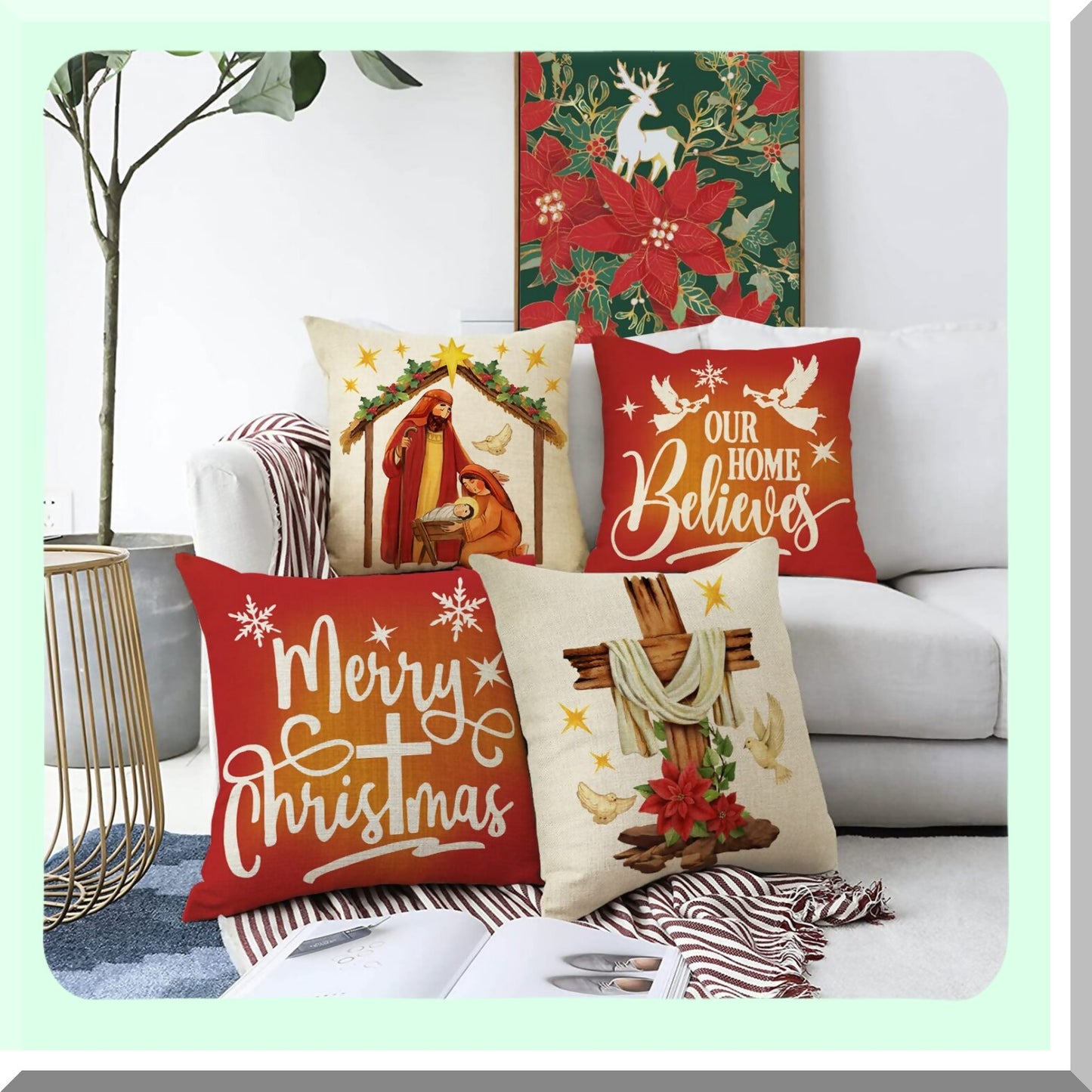 Christian Joy Christmas Pillow Cover Set - Cross Angel Dove Snowflake Decorative Cushion Case for Sofa Couch 18x18 - Nativity Poinsettia Xmas Theme
