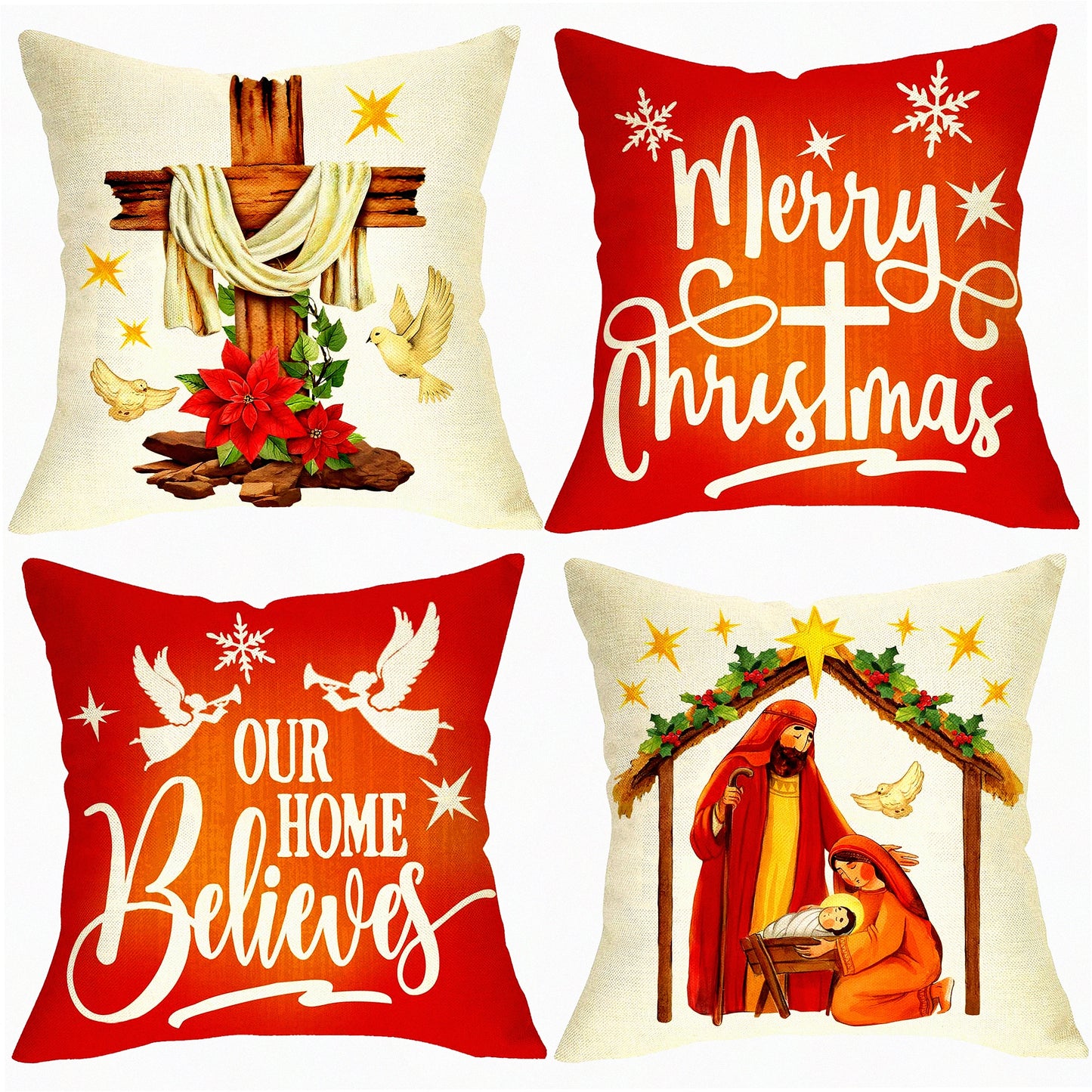 Christian Joy Christmas Pillow Cover Set - Cross Angel Dove Snowflake Decorative Cushion Case for Sofa Couch 18x18 - Nativity Poinsettia Xmas Theme
