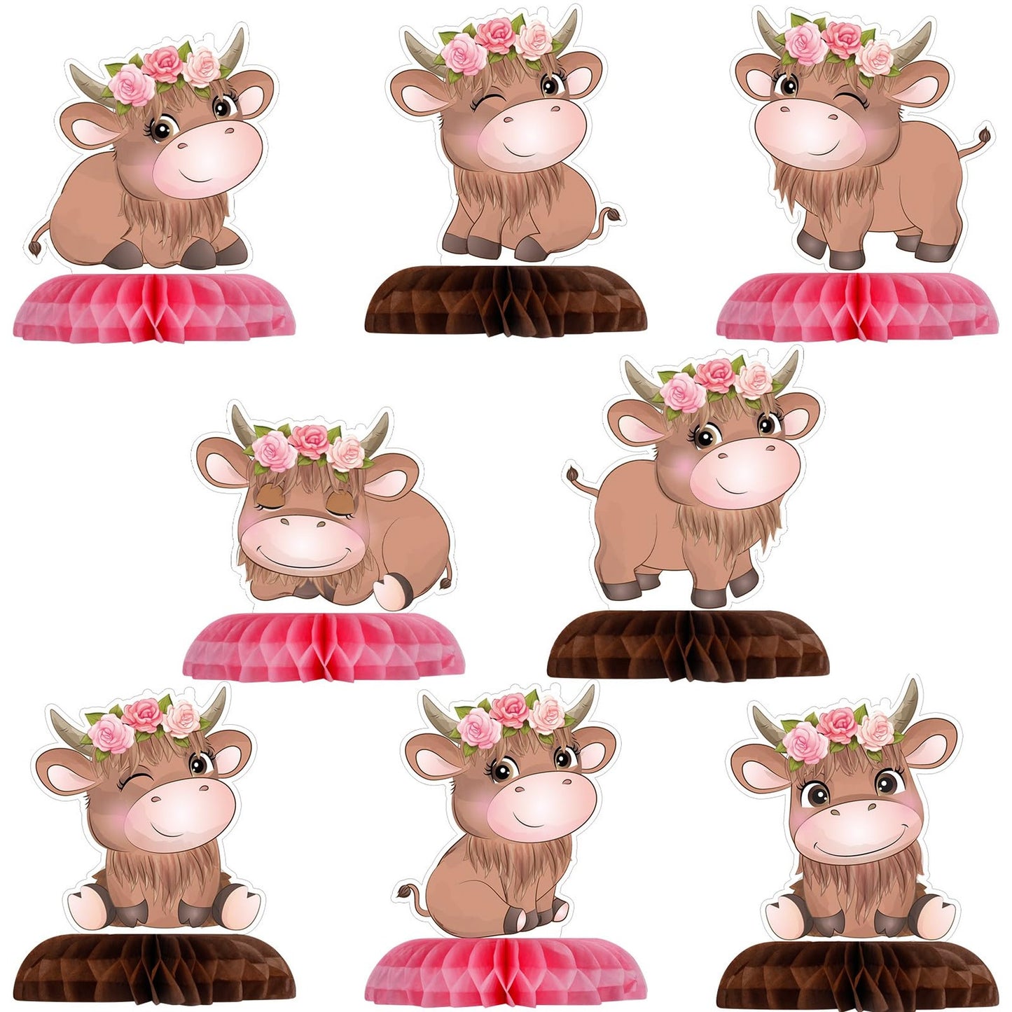 Cow Print Honeycomb Table Toppers - Set of 8 | Farm Cow Theme Party Decorations | Western Cowboy Girl Kids Birthday Supplies | Cow Baby Shower Favors