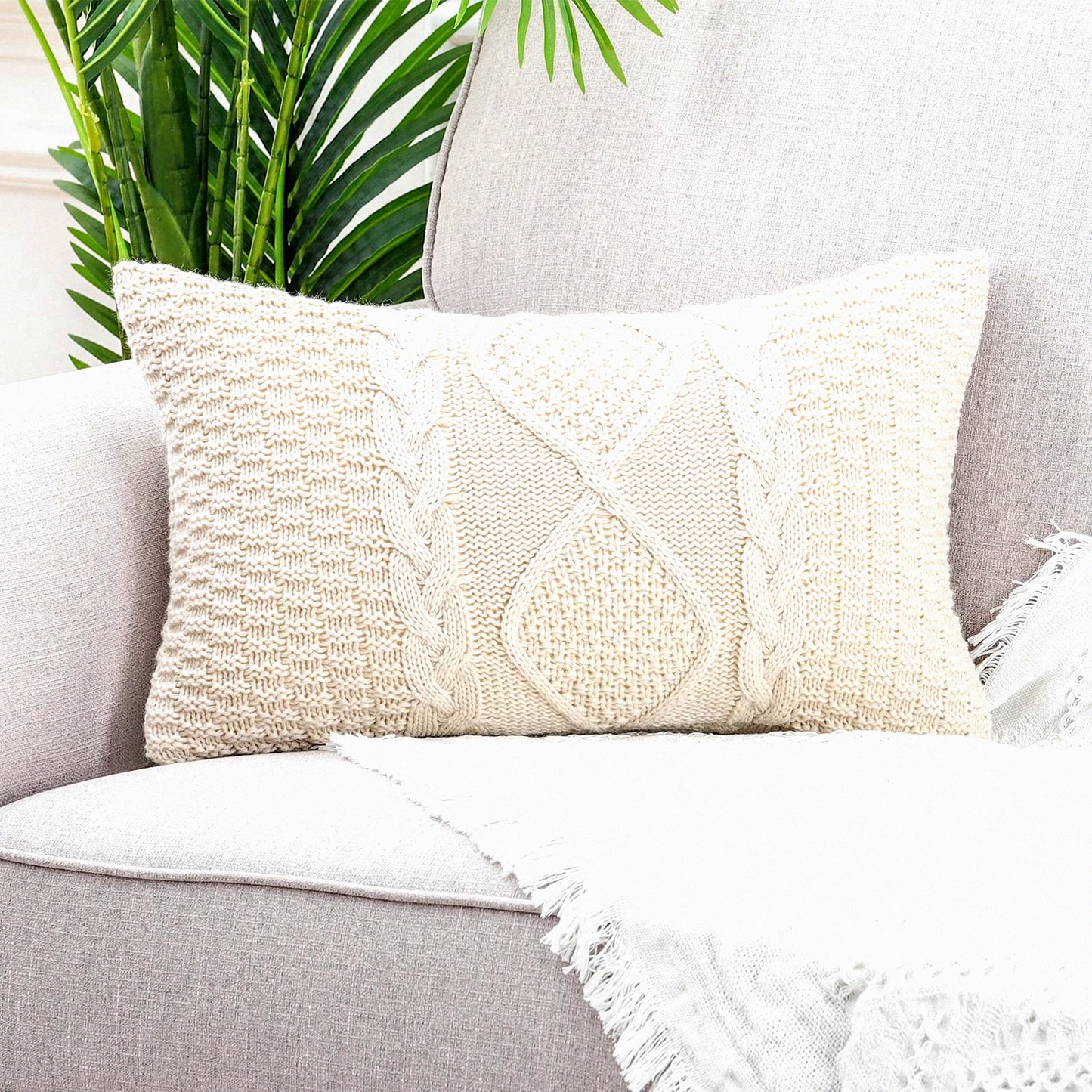 CozyKnit Beige Lumbar Pillow Covers - Soft & Luxury Modern Decorative Cushion Cases for Couch, Sofa & Bed - Outdoor Indoor Throw Pillowcases 12x20"