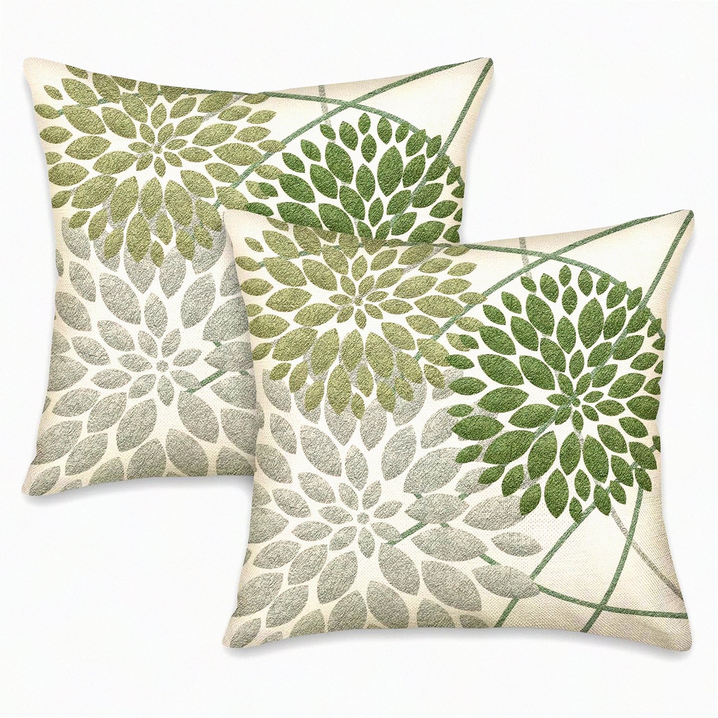 Elegant Sage Green Dahlia Pillow Covers - Set of 2, Geometric Floral Gray White Decor - Summer Farmhouse Throw Pillows - Sofa Bed Cushion Cases