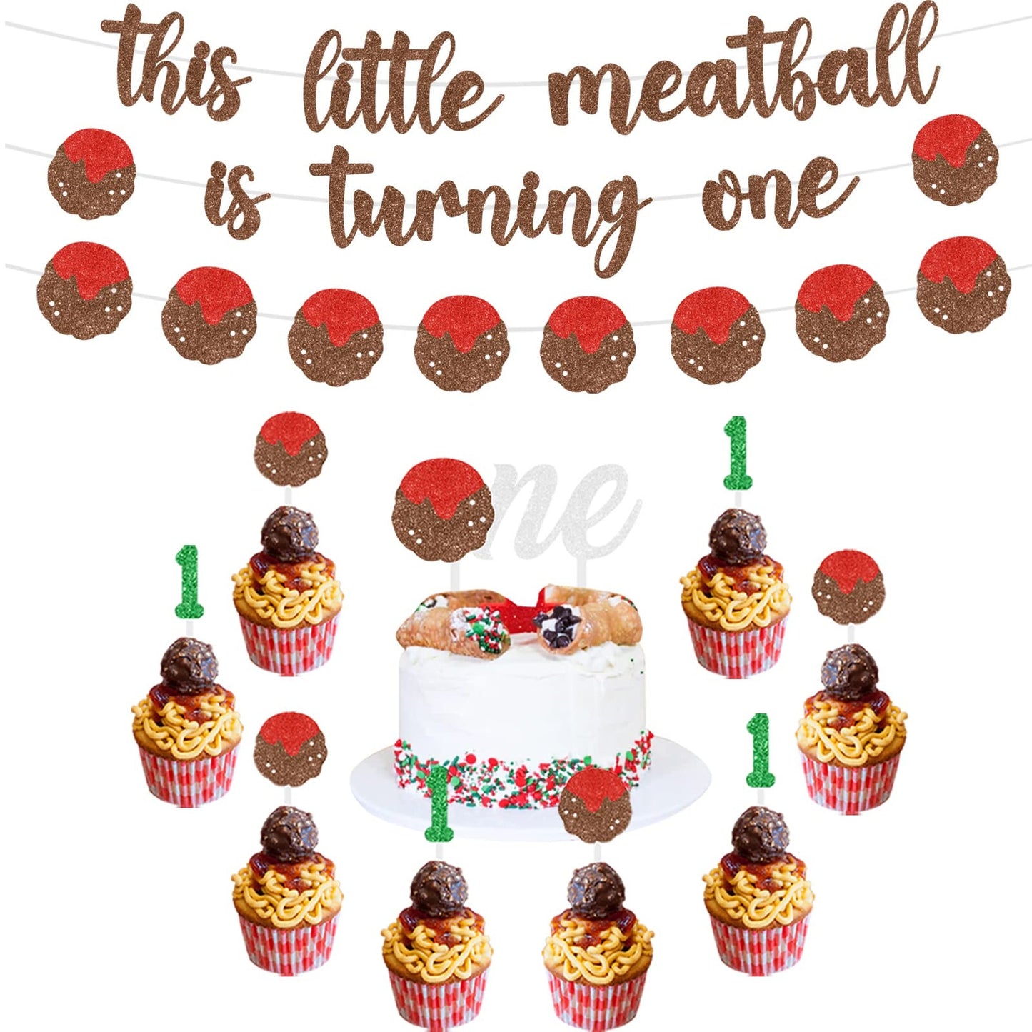 Meatball Milestone Party Pack - Banner, Garland, Cake Toppers - Spaghetti & Pasta Theme Decorations for 1st Birthday Celebration - Italian Cuisine Inspired Event Supplies