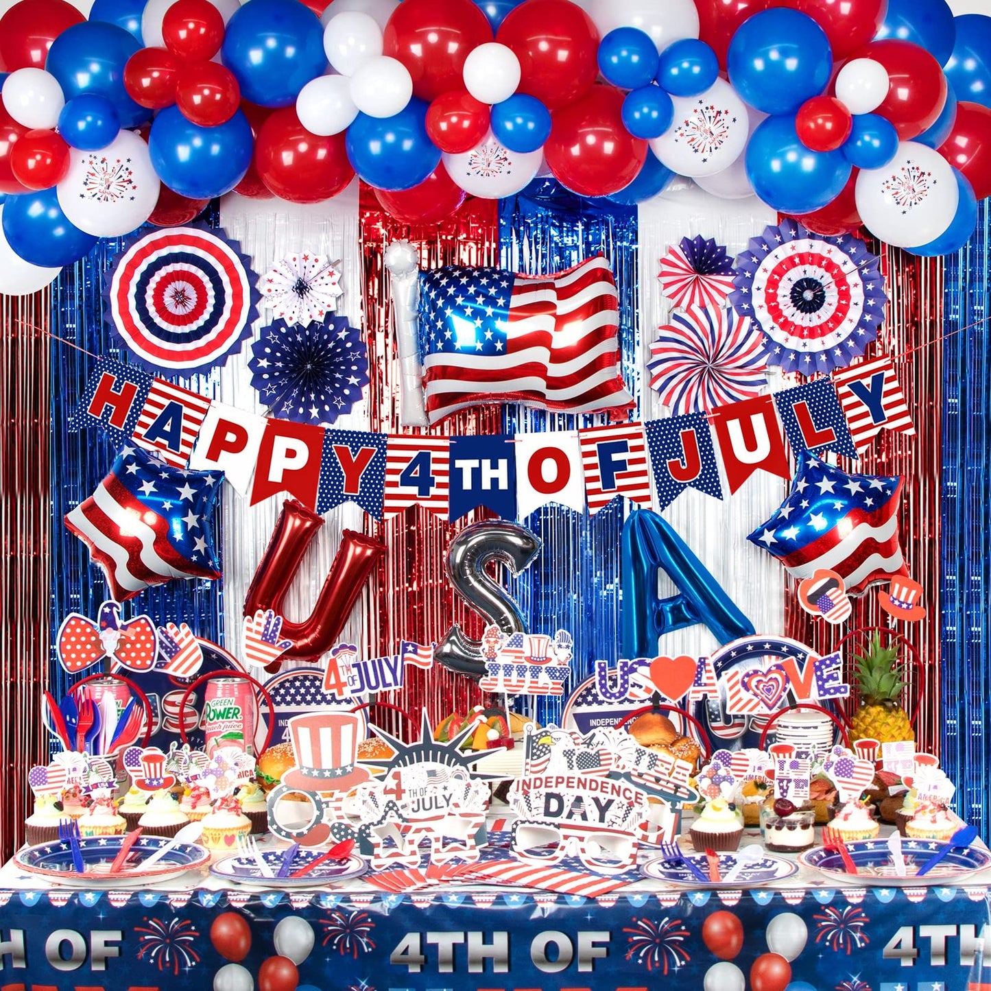 Stars & Stripes Party Pack - 4th of July Decorations Set with Balloons, Banners, Fans, Headbands, Tableware & More for Independence Day Celebration