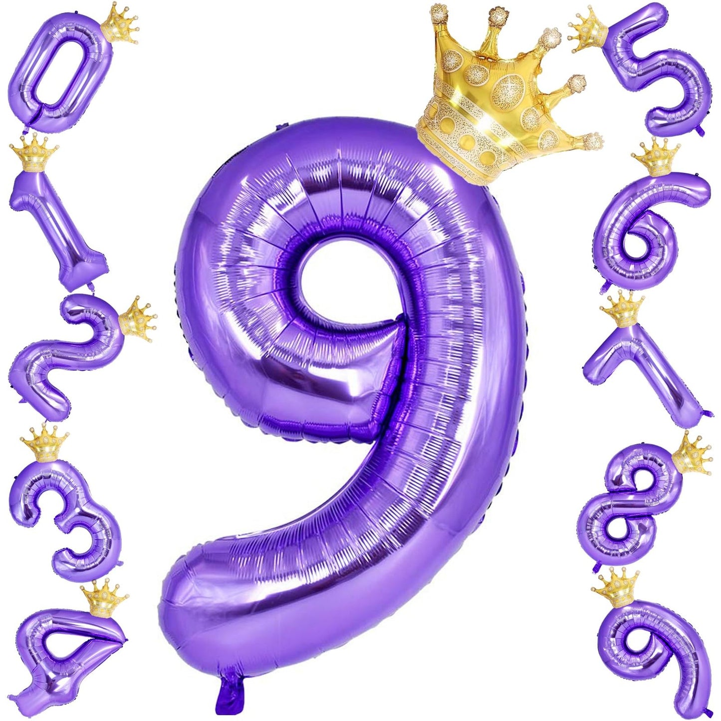 Purple Crown Number 9 Balloons - Large 40" Mylar Helium Balloons for 9th Birthday, Wedding Anniversary, Celebration Decorations - Set of 2