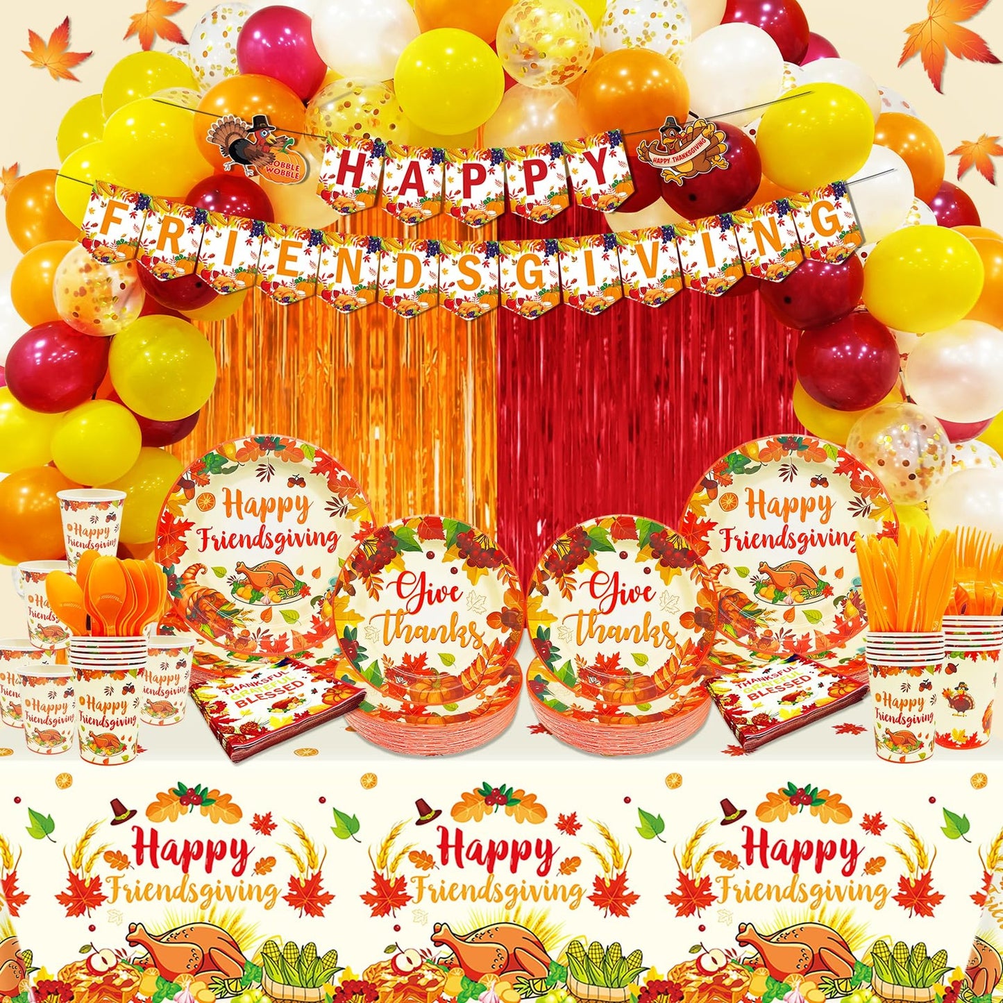 Friendsgiving Feast Kit - 226Pcs Thanksgiving Party Set with Plates, Napkins & Decorations. Disposable Supplies for Friendsgiving Celebration.