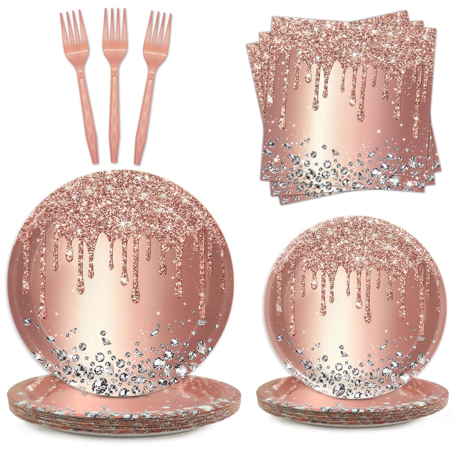 Pink Rose Gold Party Plates and Napkins Set for 24 Guests
