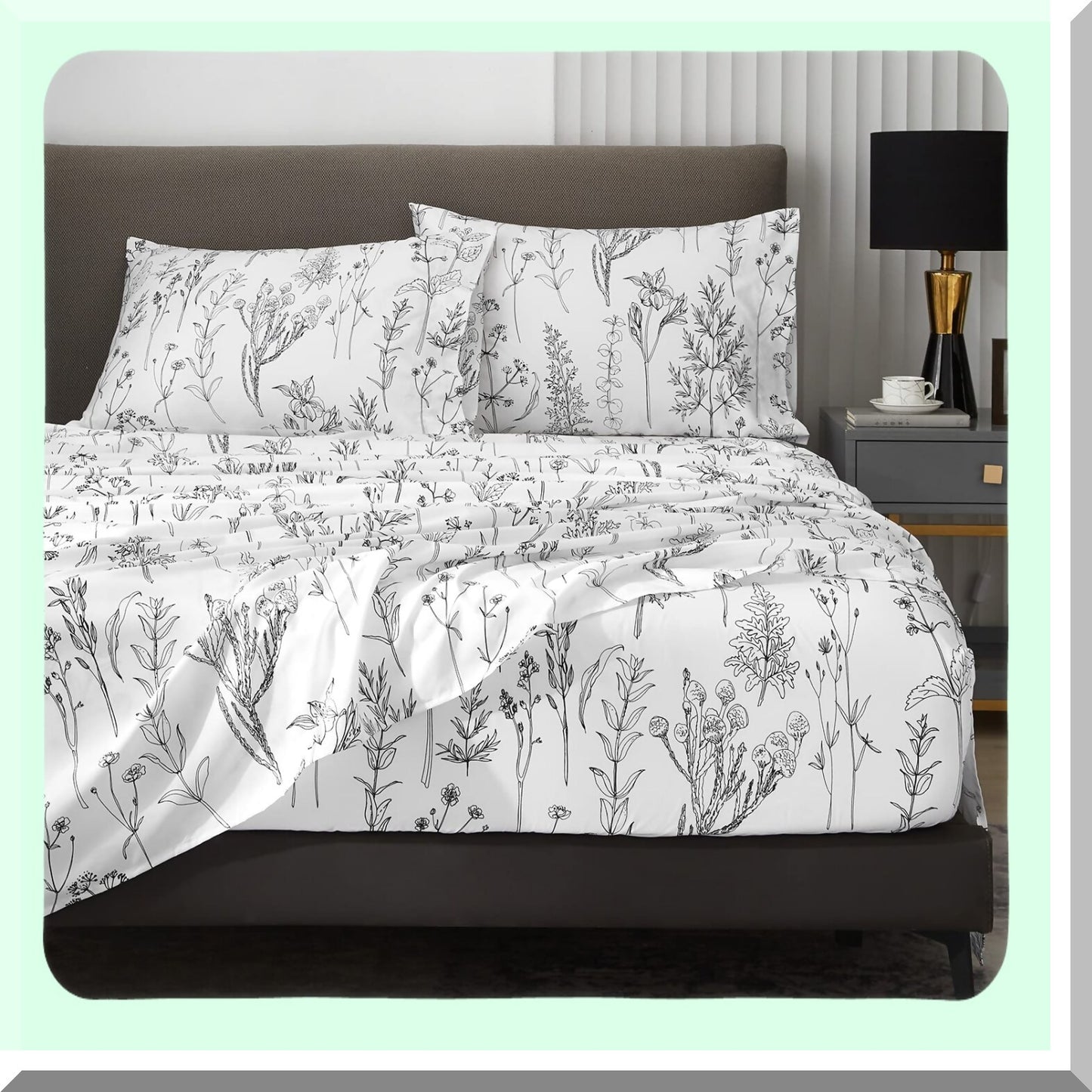 California Floral Leaf Sheet Set - 1800 Thread Count Deep Pocket Sheets for up to 18 Inch Mattress - Soft Breathable Bedding - Oeko-Tex Certified - Black and White Botanical Print