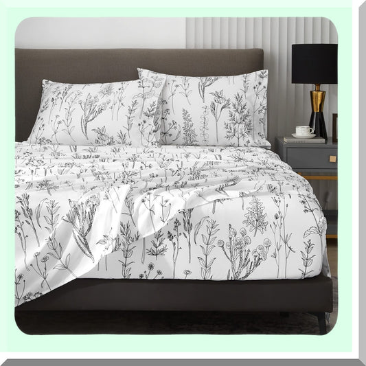 California Floral Leaf Sheet Set - 1800 Thread Count Deep Pocket Sheets for up to 18 Inch Mattress - Soft Breathable Bedding - Oeko-Tex Certified - Black and White Botanical Print