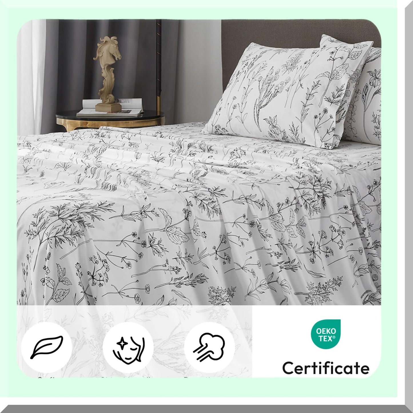 California Floral Leaf Sheet Set - 1800 Thread Count Deep Pocket Sheets for up to 18 Inch Mattress - Soft Breathable Bedding - Oeko-Tex Certified - Black and White Botanical Print