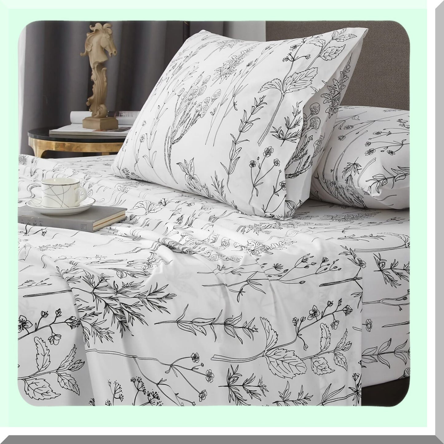 California Floral Leaf Sheet Set - 1800 Thread Count Deep Pocket Sheets for up to 18 Inch Mattress - Soft Breathable Bedding - Oeko-Tex Certified - Black and White Botanical Print