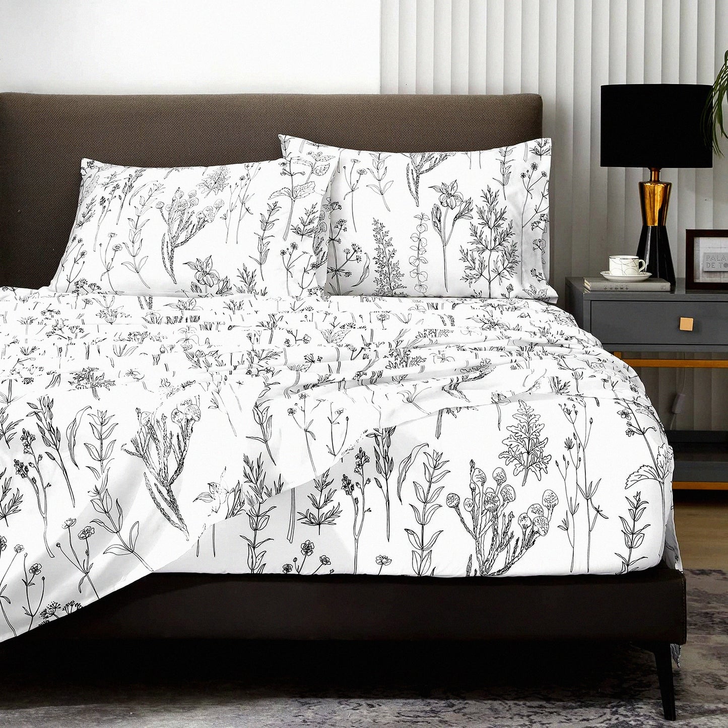 California Floral Leaf Sheet Set - 1800 Thread Count Deep Pocket Sheets for up to 18 Inch Mattress - Soft Breathable Bedding - Oeko-Tex Certified - Black and White Botanical Print