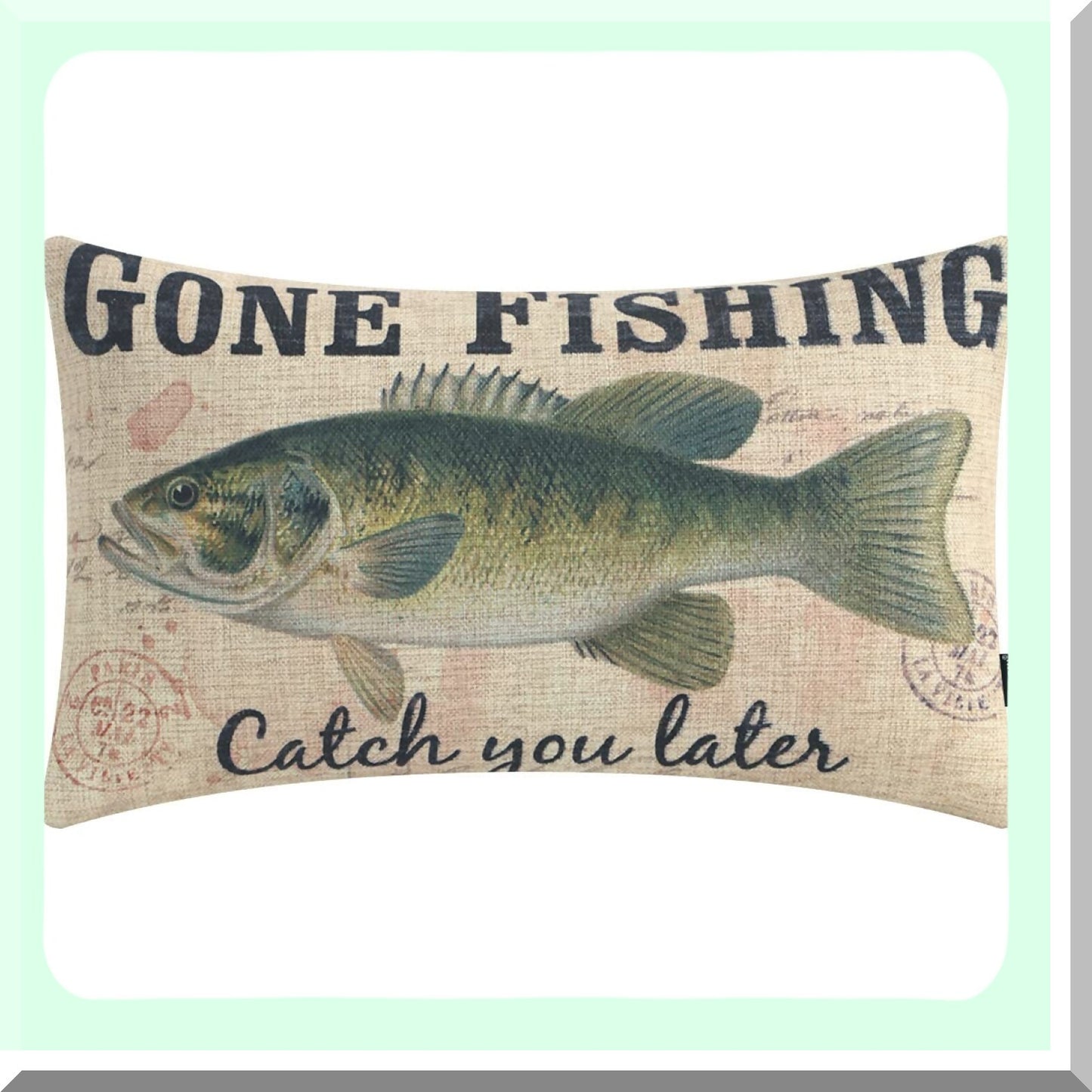 Retro Lakeside Fishing Pillowcase - 20x12 Inch Linen Cushion Cover for Sofa Couch - PL1019TR - Gone Fishing Theme - Oblong Design