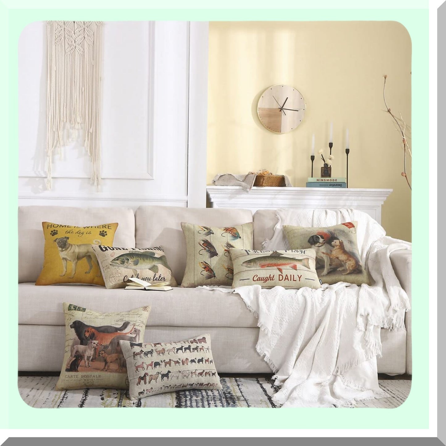 Retro Lakeside Fishing Pillowcase - 20x12 Inch Linen Cushion Cover for Sofa Couch - PL1019TR - Gone Fishing Theme - Oblong Design