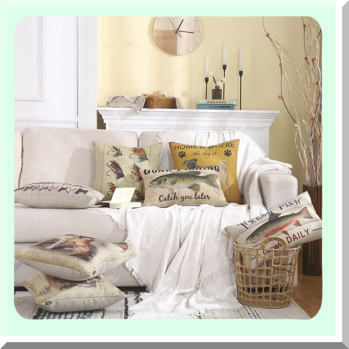 Retro Lakeside Fishing Pillowcase - 20x12 Inch Linen Cushion Cover for Sofa Couch - PL1019TR - Gone Fishing Theme - Oblong Design