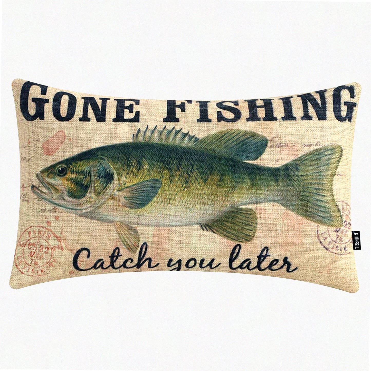 Retro Lakeside Fishing Pillowcase - 20x12 Inch Linen Cushion Cover for Sofa Couch - PL1019TR - Gone Fishing Theme - Oblong Design
