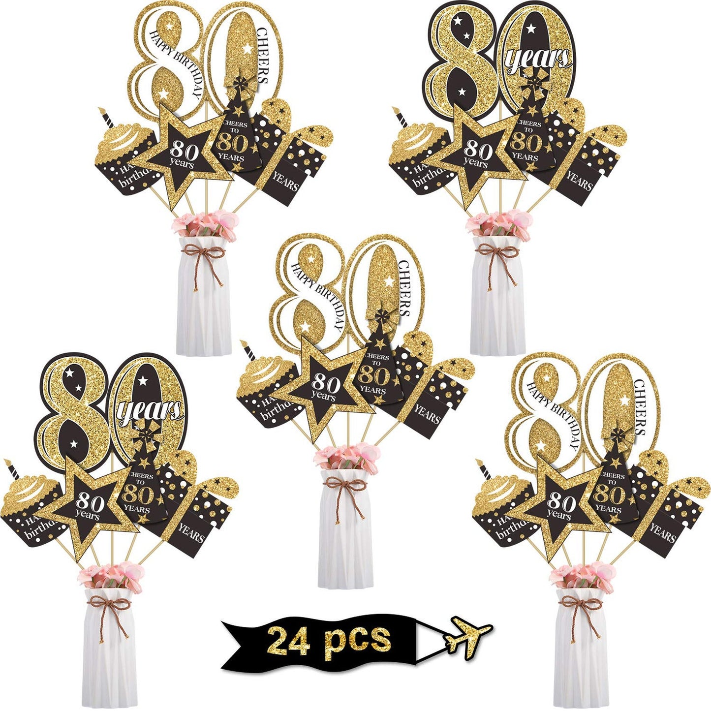 Golden 80th Birthday Party Centerpiece Set with Glitter Table Toppers