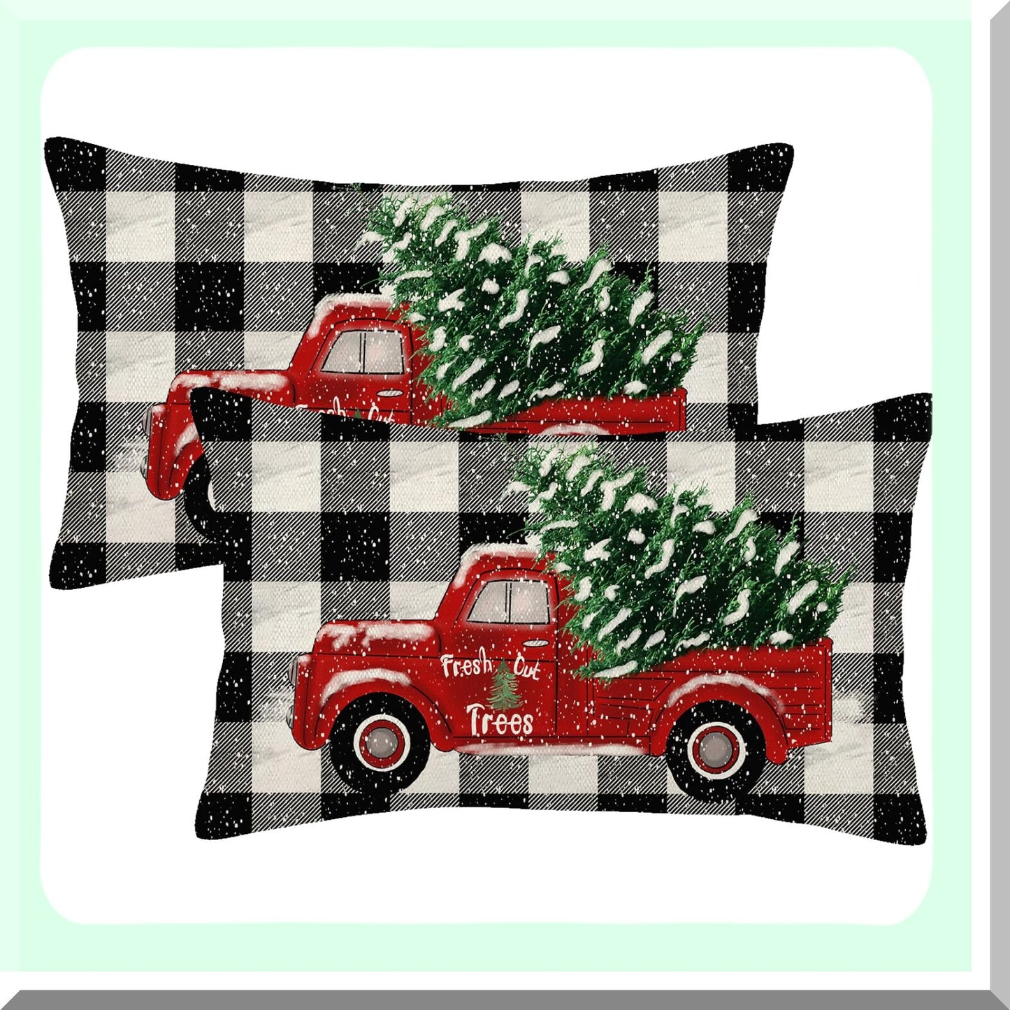 Winter Farmhouse Buffalo Plaid Pillow Covers Set - Decorative Throw Pillows for Home Couch Sofa - Tree Truck Design - 12x20 - Pack of 2