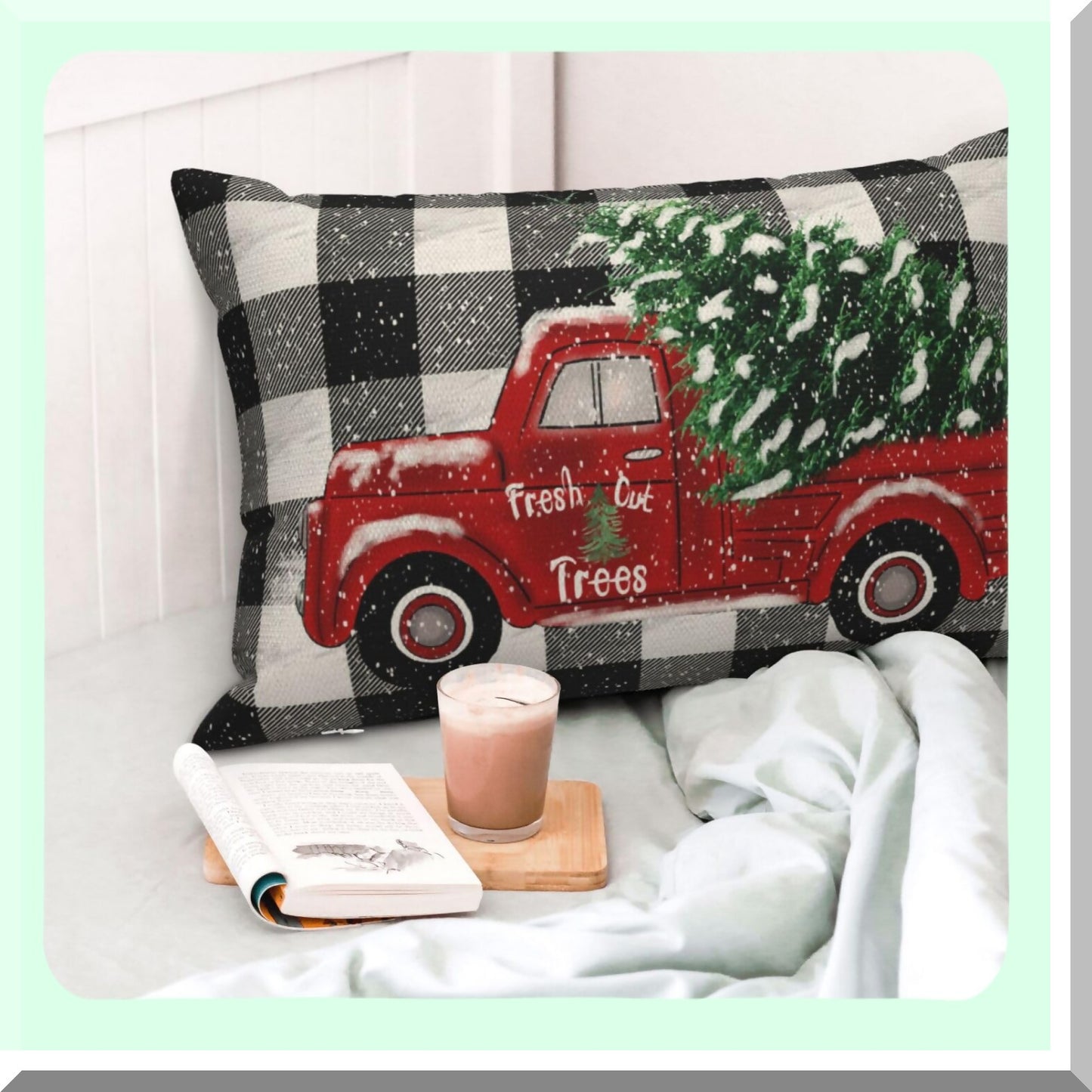 Winter Farmhouse Buffalo Plaid Pillow Covers Set - Decorative Throw Pillows for Home Couch Sofa - Tree Truck Design - 12x20 - Pack of 2