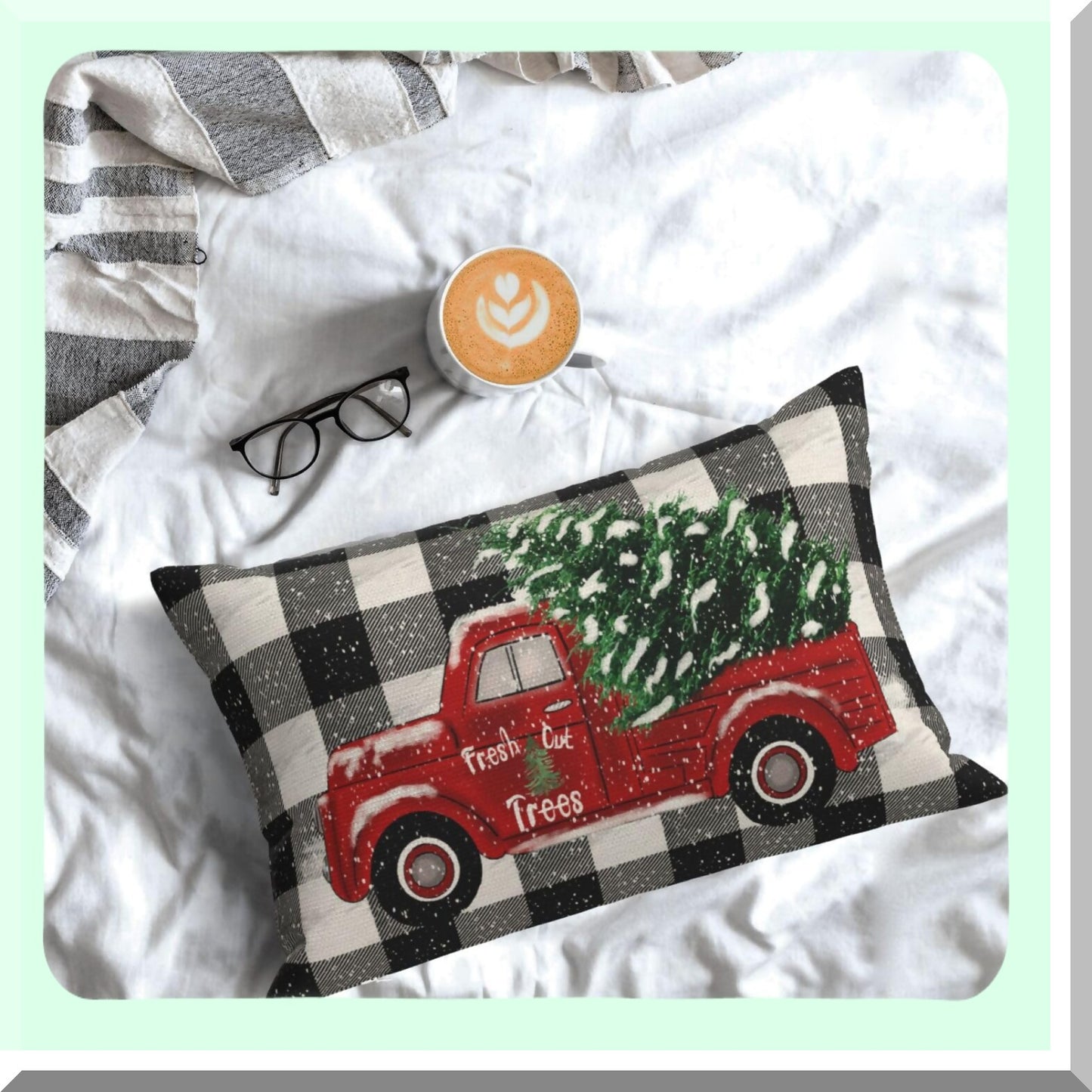 Winter Farmhouse Buffalo Plaid Pillow Covers Set - Decorative Throw Pillows for Home Couch Sofa - Tree Truck Design - 12x20 - Pack of 2