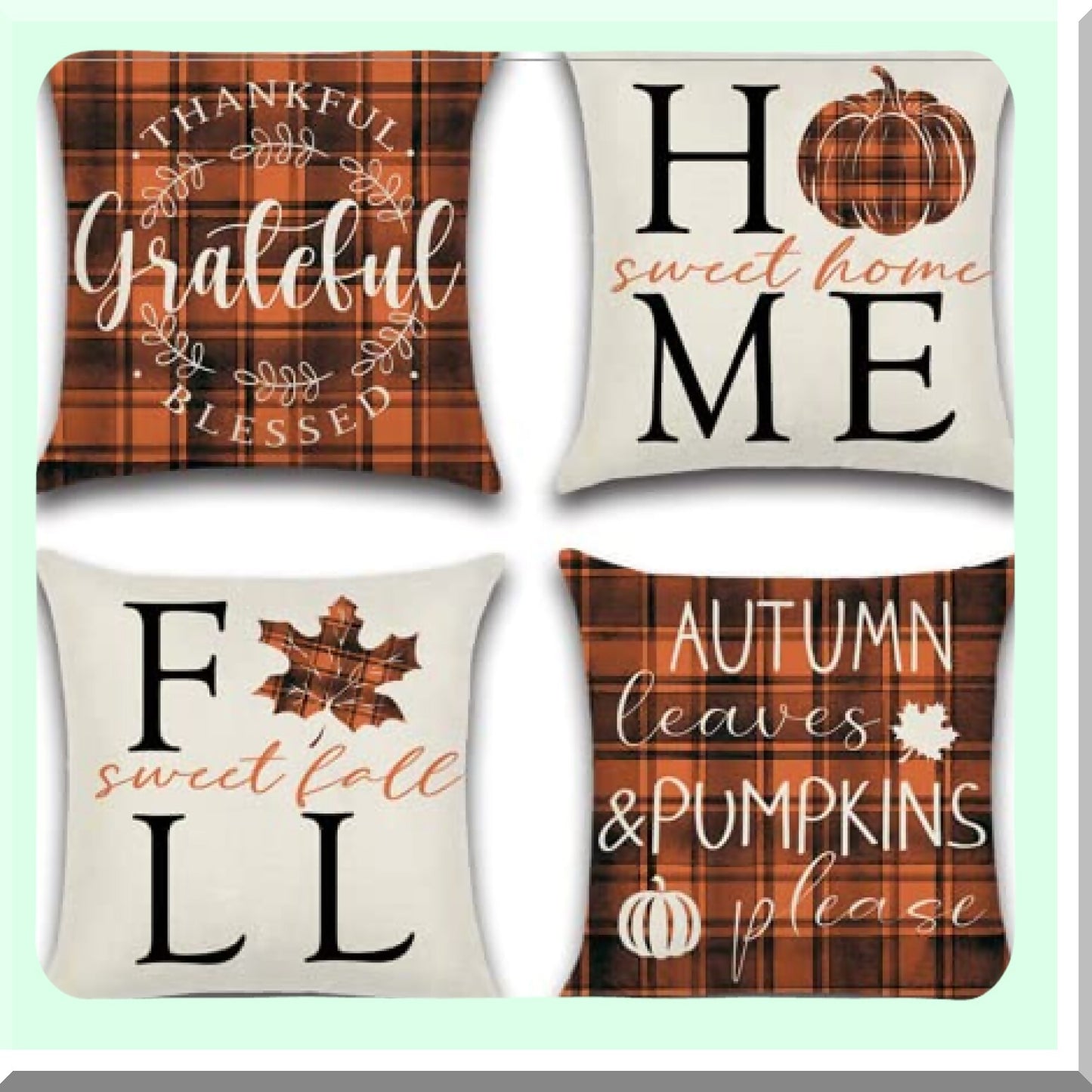 Autumn Harvest Buffalo Check Pillow Covers - Set of 4 Decorative Throw Pillowcases in Orange and Black Plaid with Pumpkin and Maple Leaf Design for Fall Home Decor