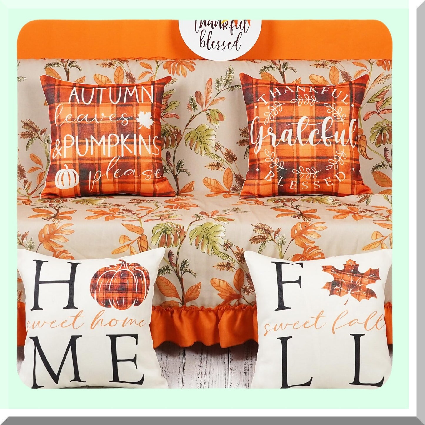 Autumn Harvest Buffalo Check Pillow Covers - Set of 4 Decorative Throw Pillowcases in Orange and Black Plaid with Pumpkin and Maple Leaf Design for Fall Home Decor
