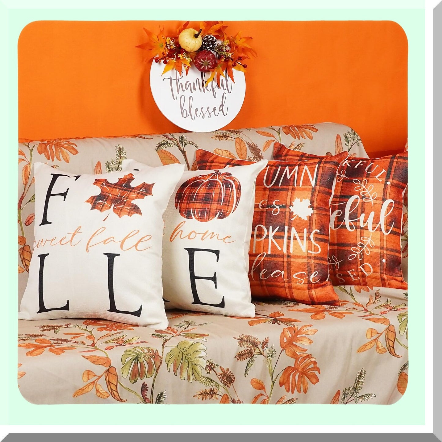 Autumn Harvest Buffalo Check Pillow Covers - Set of 4 Decorative Throw Pillowcases in Orange and Black Plaid with Pumpkin and Maple Leaf Design for Fall Home Decor