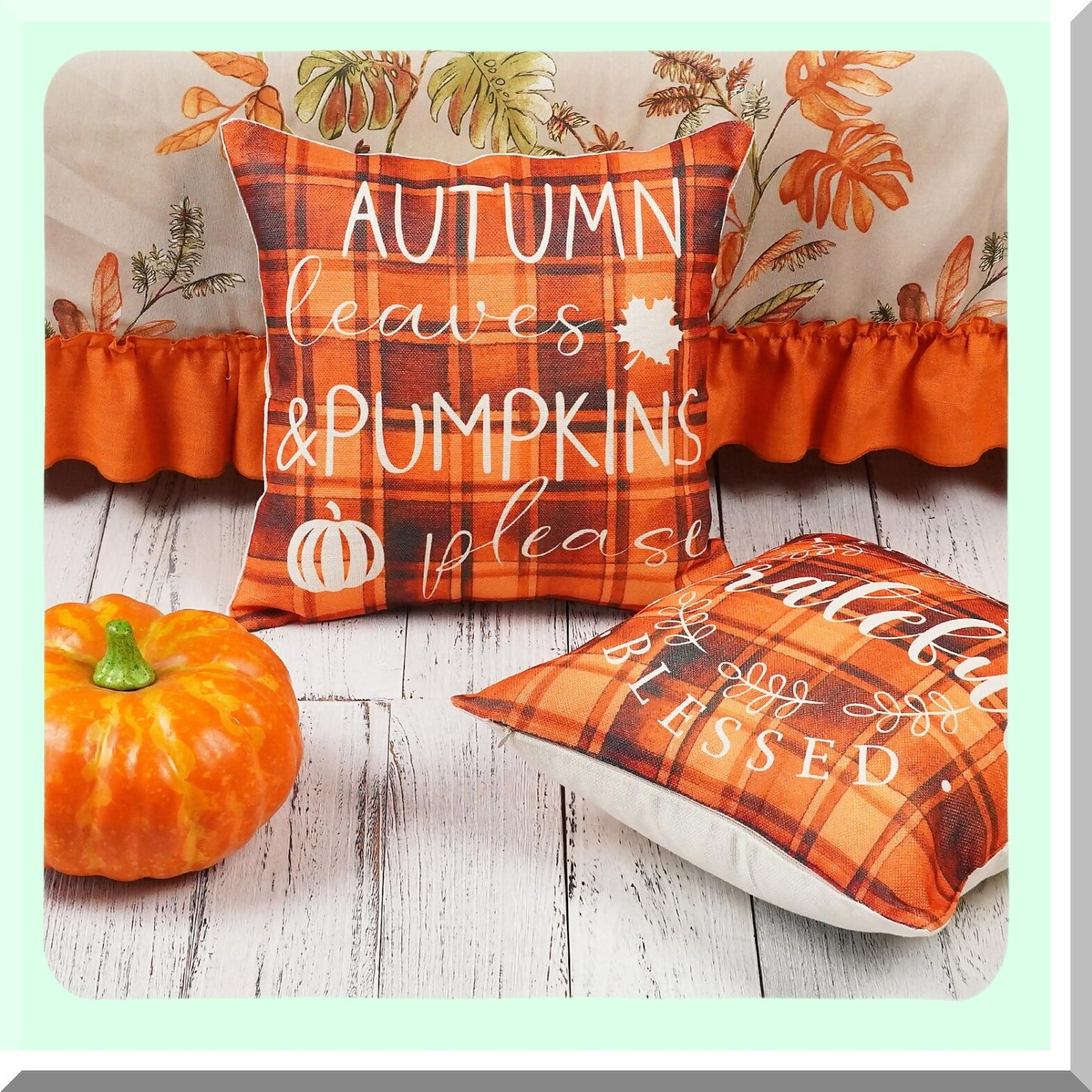 Autumn Harvest Buffalo Check Pillow Covers - Set of 4 Decorative Throw Pillowcases in Orange and Black Plaid with Pumpkin and Maple Leaf Design for Fall Home Decor