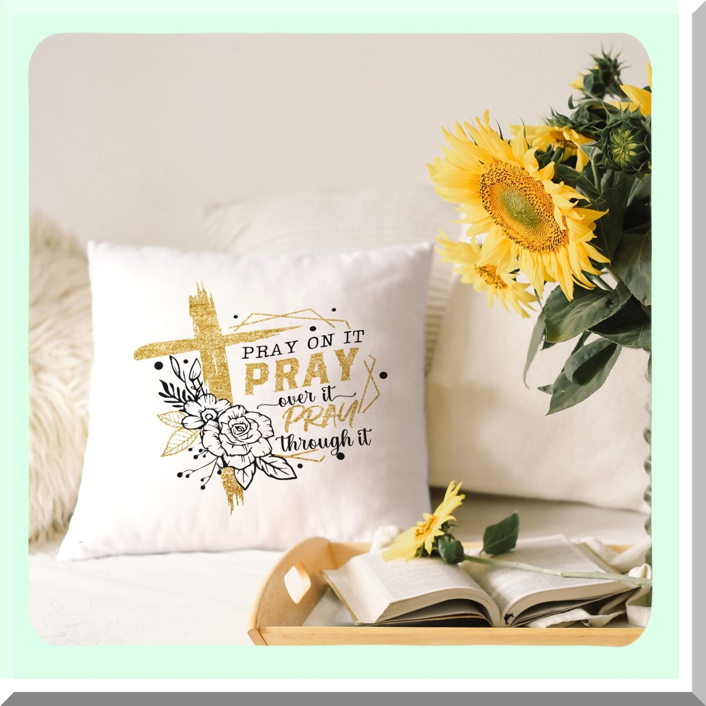 Floral Cross Prayer Pillowcase - Christian Pray Through It Throw Pillow Cover for Couch Bed Sofa - Inspirational 18x18 Inch Christian Gifts