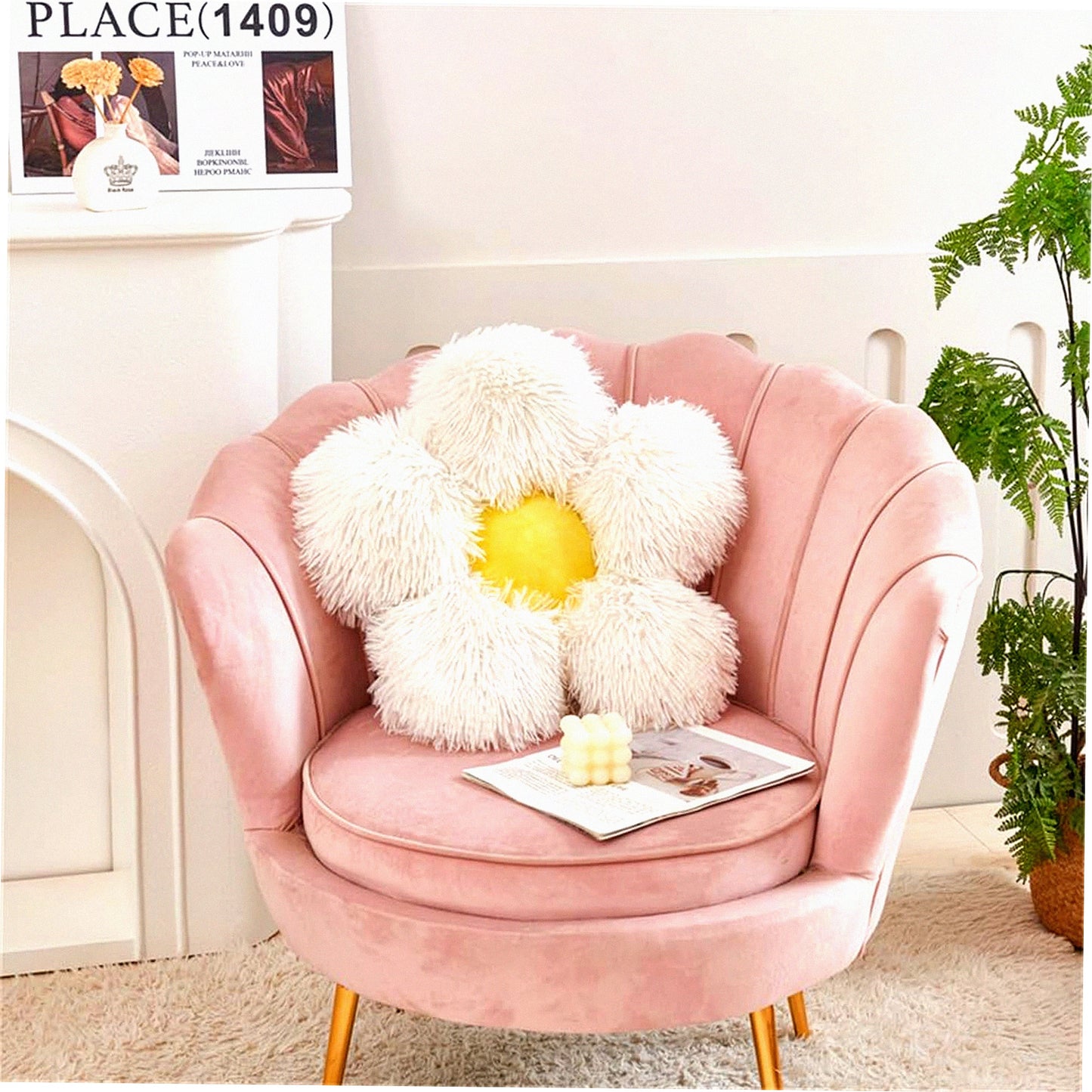 Floral Cozy Cushion - Plush Flower Shaped Throw Pillow for Bedroom Sofa Chair, Cute Room Decor Seating Cushion, 19.7 Inches Cream White Floor Pillow